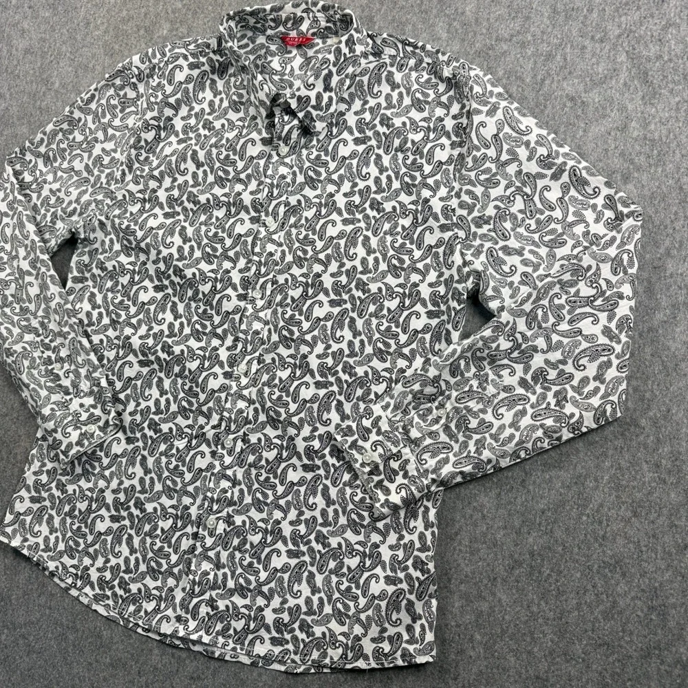 GUESS Womens Paisley Button Up Shirt White Black Long Sleeve XL Regular Fit
